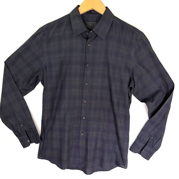 Size 42 16.5 Prada Milano Mens Navy Plaid Long-Sleeve Button-Up Shirt slim fit - Picture 1 of 10